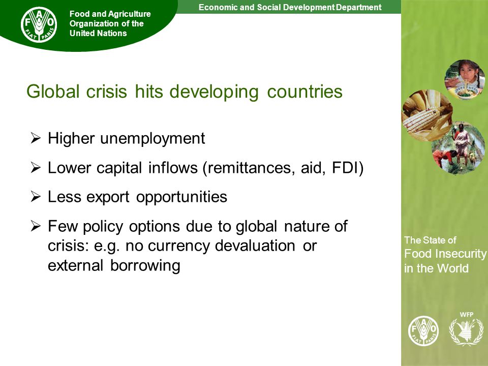8 The State of Food Insecurity in the World Economic and Social Development Department Food and Agriculture Organization of the United Nations The State of Food Insecurity in the World Global crisis hits developing countries Higher unemployment Lower capital inflows (remittances, aid, FDI) Less export opportunities Few policy options due to global nature of crisis: e.g.