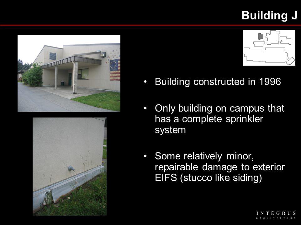 Building J Building constructed in 1996 Only building on campus that has a complete sprinkler system Some relatively minor, repairable damage to exterior EIFS (stucco like siding)