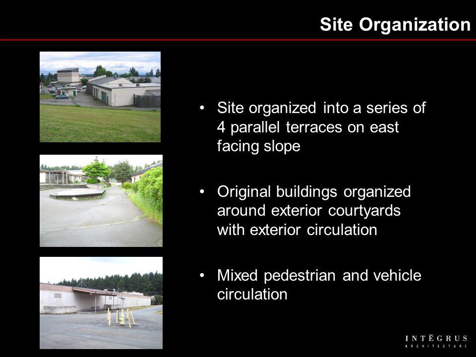 Site Organization Site organized into a series of 4 parallel terraces on east facing slope Original buildings organized around exterior courtyards with exterior circulation Mixed pedestrian and vehicle circulation