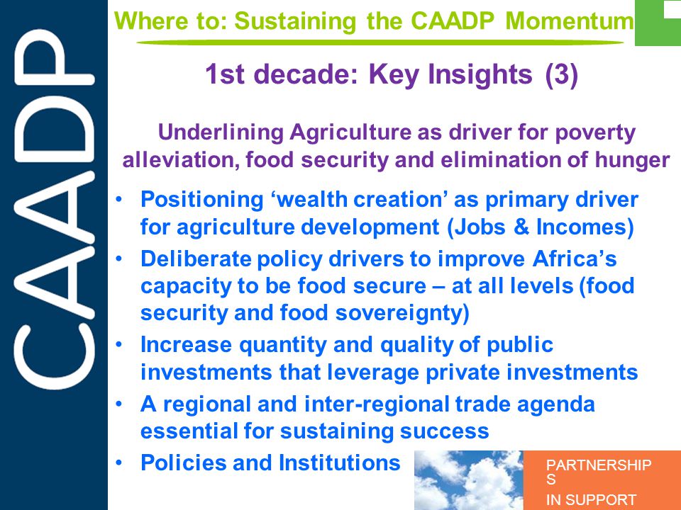 PARTNERSHIP S IN SUPPORT OF CAADP Underlining Agriculture as driver for poverty alleviation, food security and elimination of hunger Positioning wealth creation as primary driver for agriculture development (Jobs & Incomes) Deliberate policy drivers to improve Africas capacity to be food secure – at all levels (food security and food sovereignty) Increase quantity and quality of public investments that leverage private investments A regional and inter-regional trade agenda essential for sustaining success Policies and Institutions 1st decade: Key Insights (3) Where to: Sustaining the CAADP Momentum