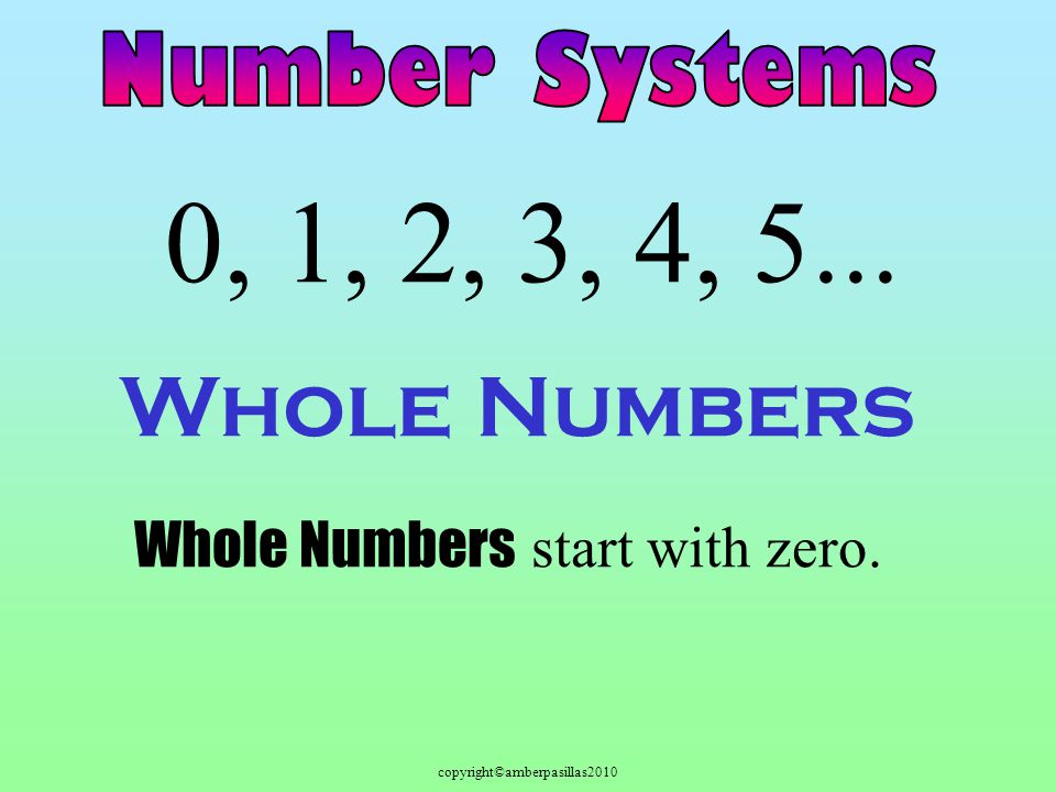 Whole Numbers 0, 1, 2, 3, 4, 5... Whole Numbers start with zero.