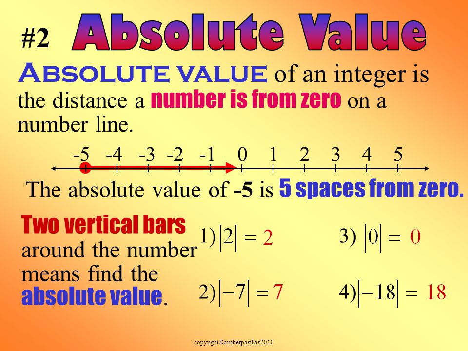 copyright©amberpasillas2010 Absolute value of an integer is the distance a number is from zero on a number line.