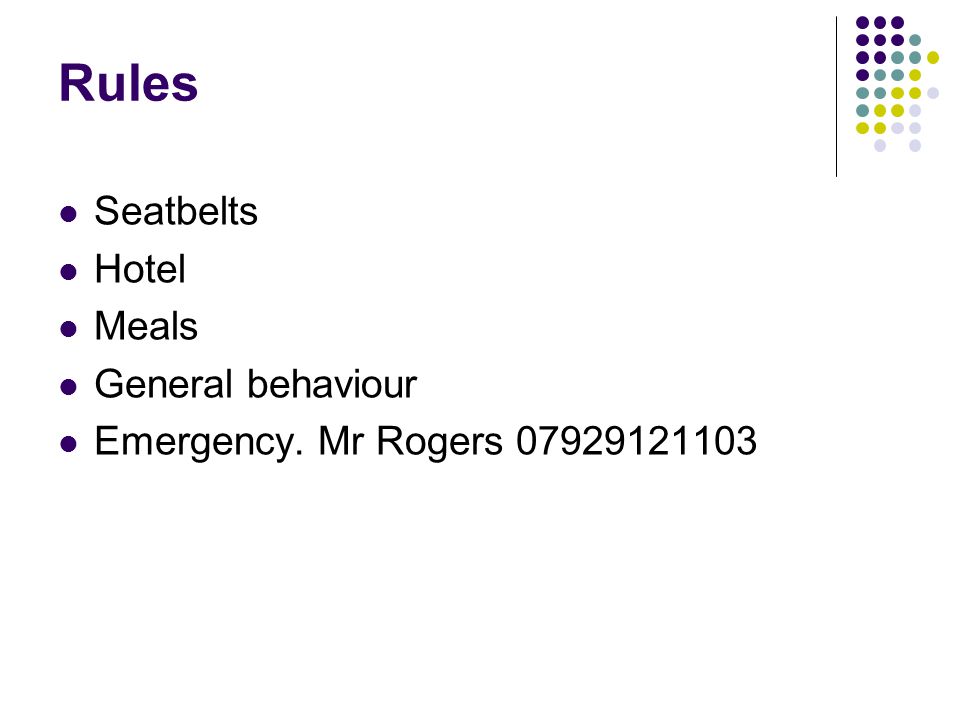 Rules Seatbelts Hotel Meals General behaviour Emergency. Mr Rogers