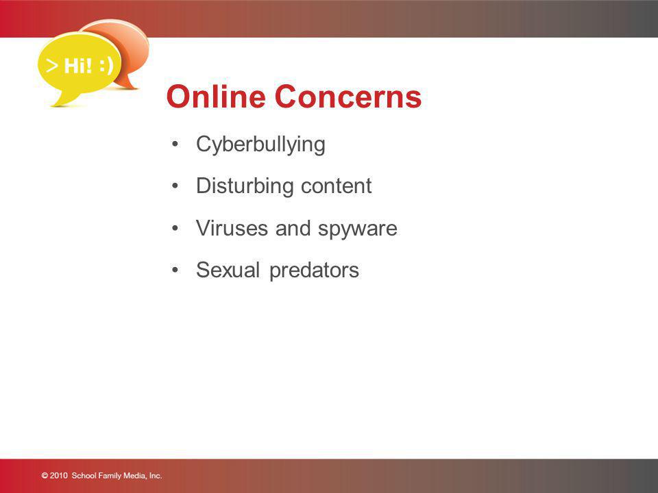Online Concerns Cyberbullying Disturbing content Viruses and spyware Sexual predators