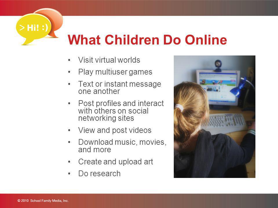 What Children Do Online Visit virtual worlds Play multiuser games Text or instant message one another Post profiles and interact with others on social networking sites View and post videos Download music, movies, and more Create and upload art Do research