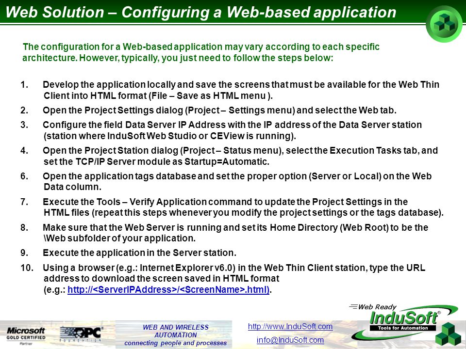 WEB AND WIRELESS AUTOMATION connecting people and processes   Web Solution – Configuring a Web-based application 1.