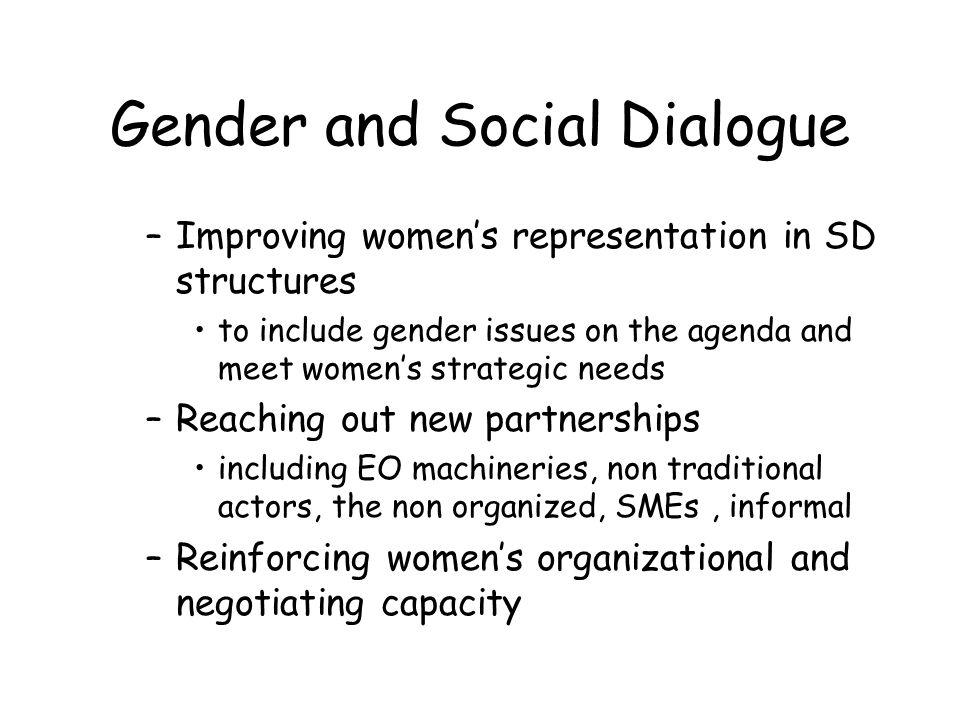 Gender and Social Dialogue –Improving womens representation in SD structures to include gender issues on the agenda and meet womens strategic needs –Reaching out new partnerships including EO machineries, non traditional actors, the non organized, SMEs, informal –Reinforcing womens organizational and negotiating capacity