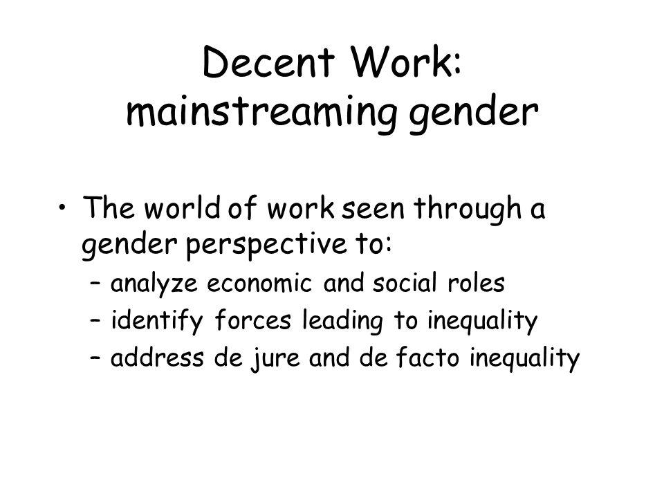 Decent Work: mainstreaming gender The world of work seen through a gender perspective to: –analyze economic and social roles –identify forces leading to inequality –address de jure and de facto inequality