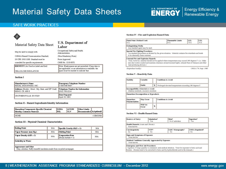 8 | WEATHERIZATION ASSISTANCE PROGRAM STANDARDIZED CURRICULUM – December 2012eere.energy.gov Material Safety Data Sheets SAFE WORK PRACTICES