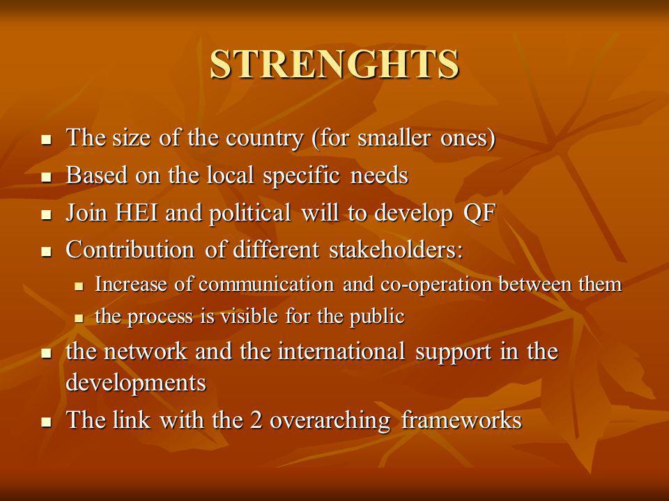 STRENGHTS The size of the country (for smaller ones) The size of the country (for smaller ones) Based on the local specific needs Based on the local specific needs Join HEI and political will to develop QF Join HEI and political will to develop QF Contribution of different stakeholders: Contribution of different stakeholders: Increase of communication and co-operation between them Increase of communication and co-operation between them the process is visible for the public the process is visible for the public the network and the international support in the developments the network and the international support in the developments The link with the 2 overarching frameworks The link with the 2 overarching frameworks