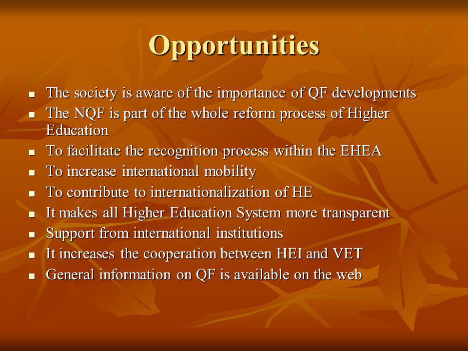 Opportunities The society is aware of the importance of QF developments The society is aware of the importance of QF developments The NQF is part of the whole reform process of Higher Education The NQF is part of the whole reform process of Higher Education To facilitate the recognition process within the EHEA To facilitate the recognition process within the EHEA To increase international mobility To increase international mobility To contribute to internationalization of HE To contribute to internationalization of HE It makes all Higher Education System more transparent It makes all Higher Education System more transparent Support from international institutions Support from international institutions It increases the cooperation between HEI and VET It increases the cooperation between HEI and VET General information on QF is available on the web General information on QF is available on the web