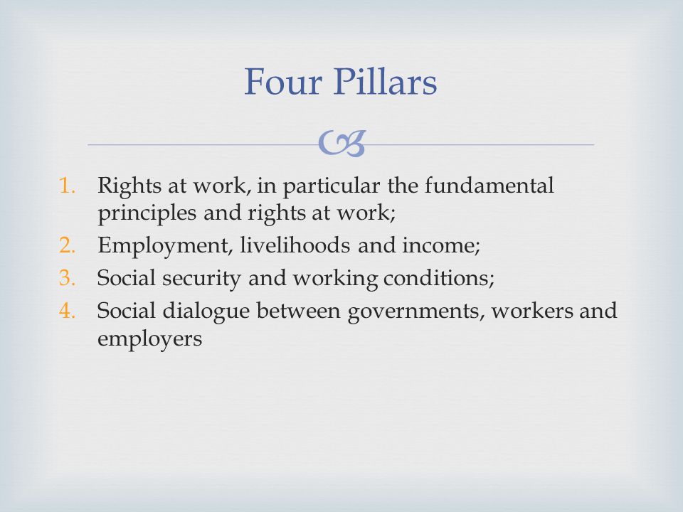 1.Rights at work, in particular the fundamental principles and rights at work; 2.Employment, livelihoods and income; 3.Social security and working conditions; 4.Social dialogue between governments, workers and employers Four Pillars