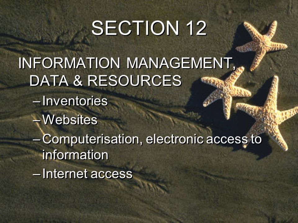 SECTION 12 INFORMATION MANAGEMENT, DATA & RESOURCES –Inventories –Websites –Computerisation, electronic access to information –Internet access INFORMATION MANAGEMENT, DATA & RESOURCES –Inventories –Websites –Computerisation, electronic access to information –Internet access
