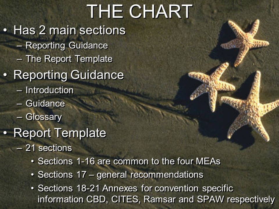 THE CHART Has 2 main sections –Reporting Guidance –The Report Template Reporting Guidance –Introduction –Guidance –Glossary Report Template –21 sections Sections 1-16 are common to the four MEAs Sections 17 – general recommendations Sections Annexes for convention specific information CBD, CITES, Ramsar and SPAW respectively Has 2 main sections –Reporting Guidance –The Report Template Reporting Guidance –Introduction –Guidance –Glossary Report Template –21 sections Sections 1-16 are common to the four MEAs Sections 17 – general recommendations Sections Annexes for convention specific information CBD, CITES, Ramsar and SPAW respectively