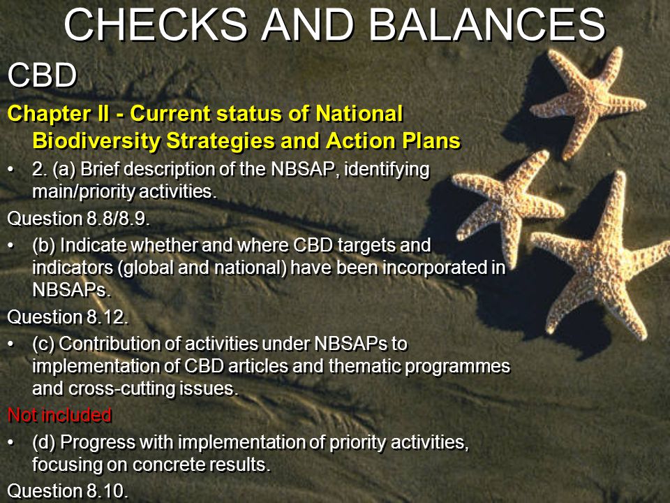 CHECKS AND BALANCES CBD Chapter II - Current status of National Biodiversity Strategies and Action Plans 2.