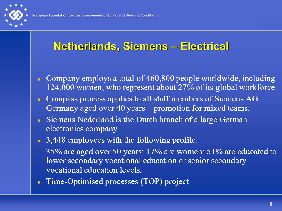 8 Netherlands, Siemens – Electrical Company employs a total of 460,800 people worldwide, including 124,000 women, who represent about 27% of its global workforce.