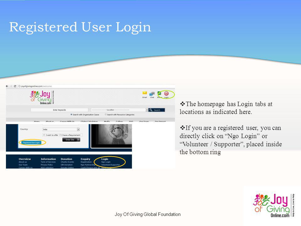 Registered User Login The homepage has Login tabs at locations as indicated here.
