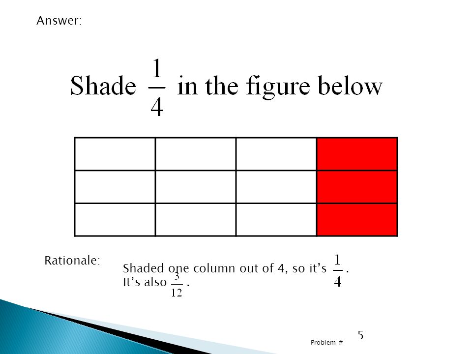 5 Problem # Answer: Rationale: Shaded one column out of 4, so its. Its also.