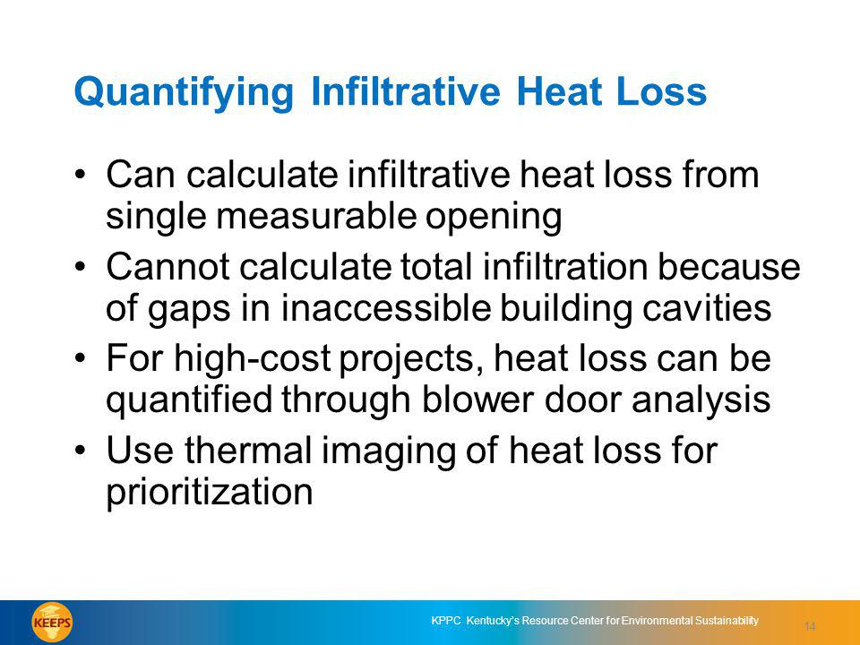 14 KPPC Kentuckys Resource Center for Environmental Sustainability Quantifying Infiltrative Heat Loss Can calculate infiltrative heat loss from single measurable opening Cannot calculate total infiltration because of gaps in inaccessible building cavities For high-cost projects, heat loss can be quantified through blower door analysis Use thermal imaging of heat loss for prioritization 14