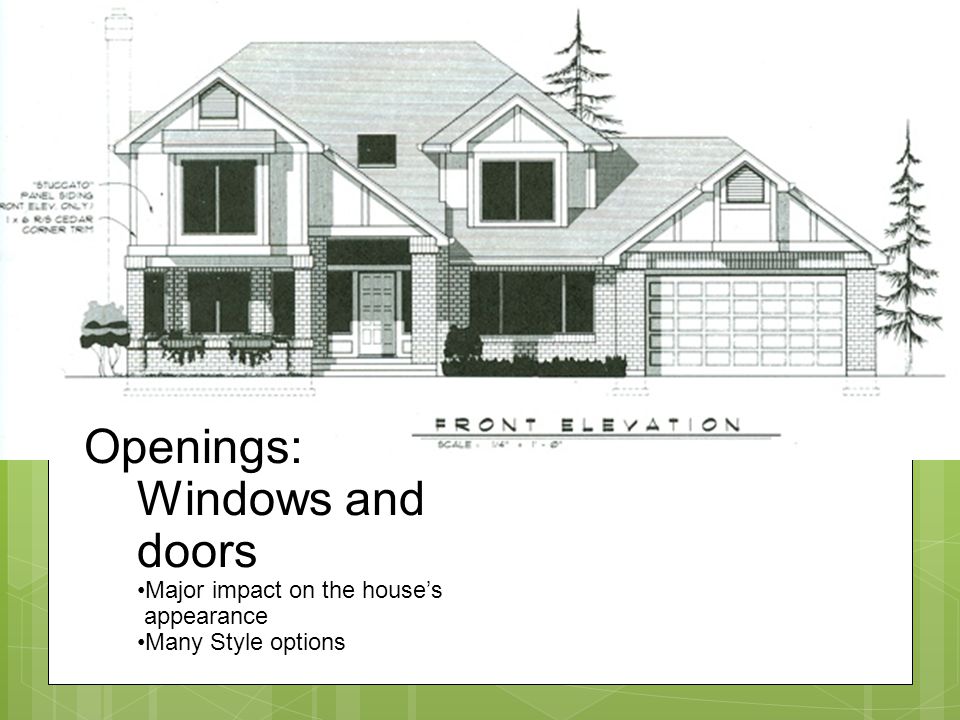 Openings: Windows and doors Major impact on the houses appearance Many Style options