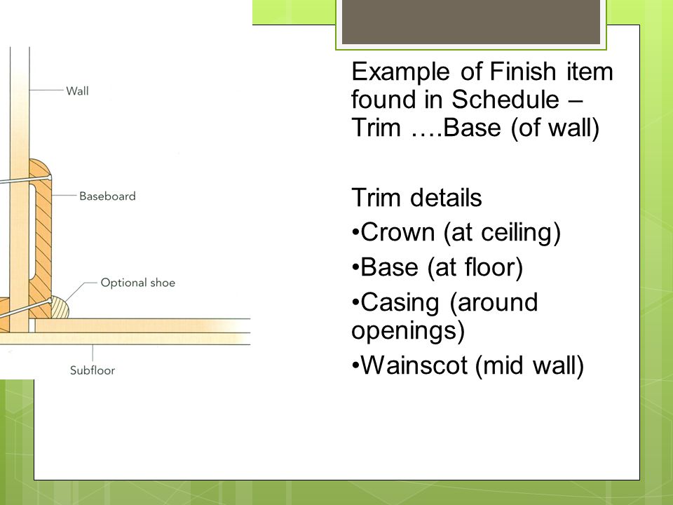 Example of Finish item found in Schedule – Trim ….Base (of wall) Trim details Crown (at ceiling) Base (at floor) Casing (around openings) Wainscot (mid wall)