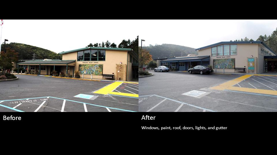 Windows, paint, roof, doors, lights, and gutter Before After