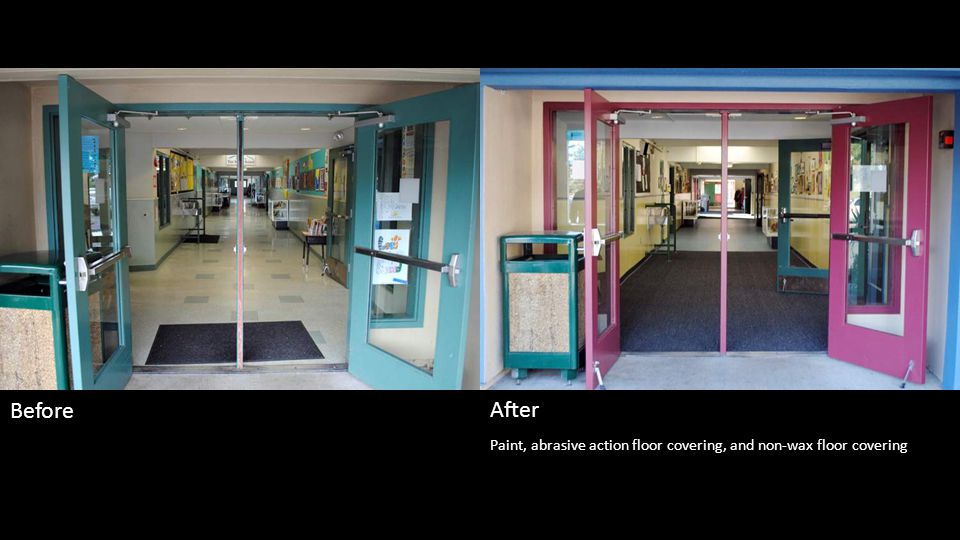 Paint, abrasive action floor covering, and non-wax floor covering Before After