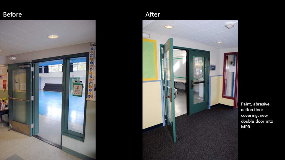 Paint, abrasive action floor covering, new double door into MPR BeforeAfter