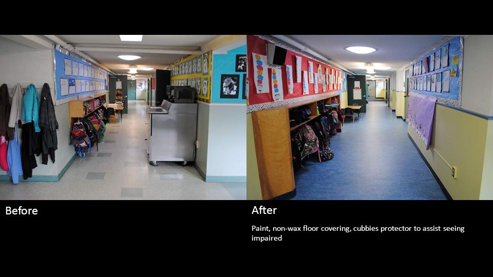Paint, non-wax floor covering, cubbies protector to assist seeing impaired Before After