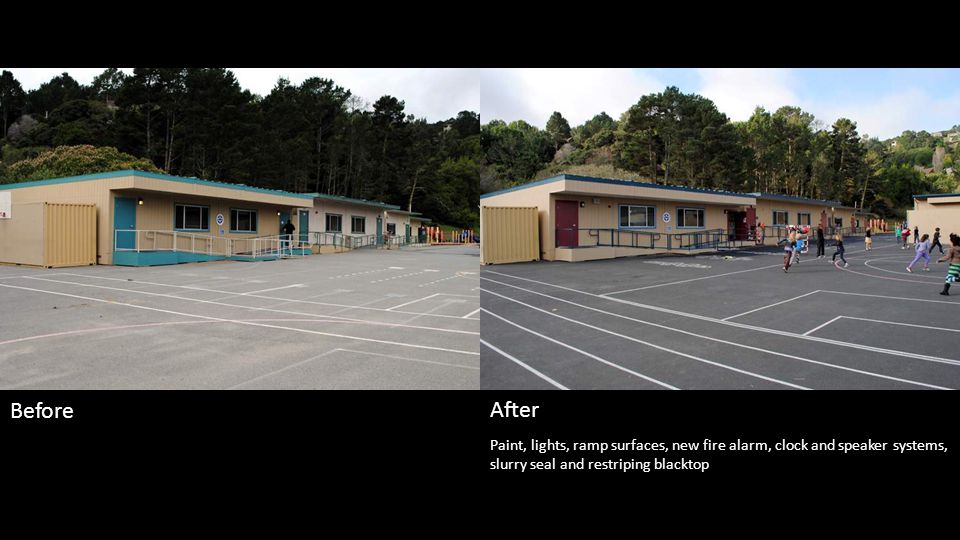 Paint, lights, ramp surfaces, new fire alarm, clock and speaker systems, slurry seal and restriping blacktop Before After