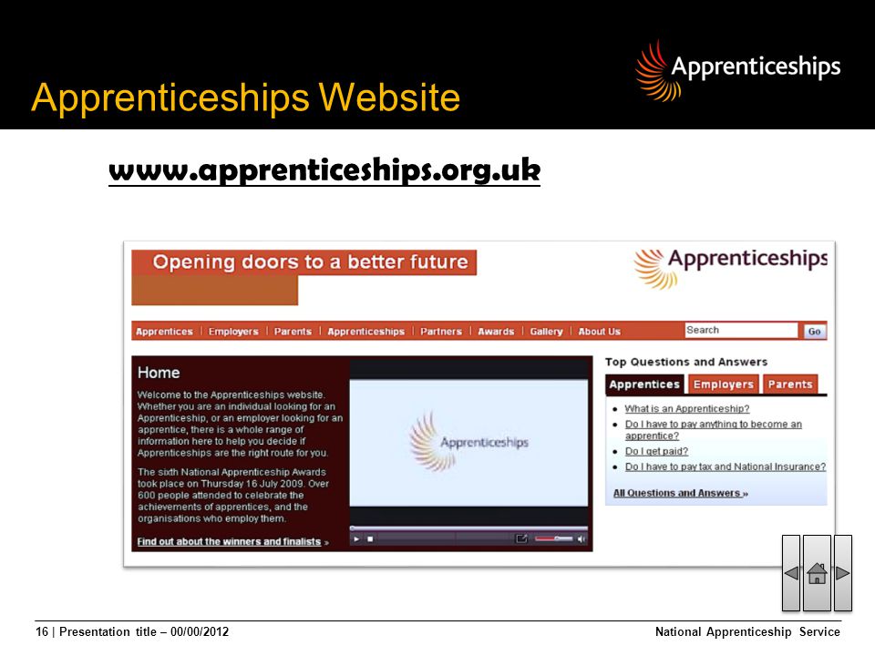 16 | Presentation title – 00/00/2012 Apprenticeships Website National Apprenticeship Service
