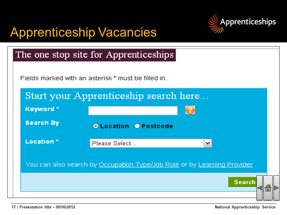 17 | Presentation title – 00/00/2012National Apprenticeship Service Apprenticeship Vacancies