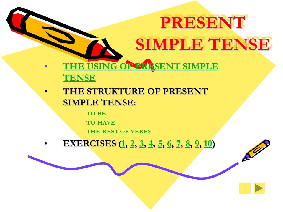 PRESENT SIMPLE TENSE PRESENT SIMPLE TENSE THE USING OF PRESENT SIMPLE TENSETHE USING OF PRESENT SIMPLE TENSETHE USING OF PRESENT SIMPLE TENSETHE USING OF PRESENT SIMPLE TENSE THE STRUKTURE OF PRESENT SIMPLE TENSE:THE STRUKTURE OF PRESENT SIMPLE TENSE: TO BE TO HAVE THE REST OF VERBS EXERCISES (1, 2, 3, 4, 5, 6, 7, 8, 9, 10)EXERCISES (1, 2, 3, 4, 5, 6, 7, 8, 9, 10)
