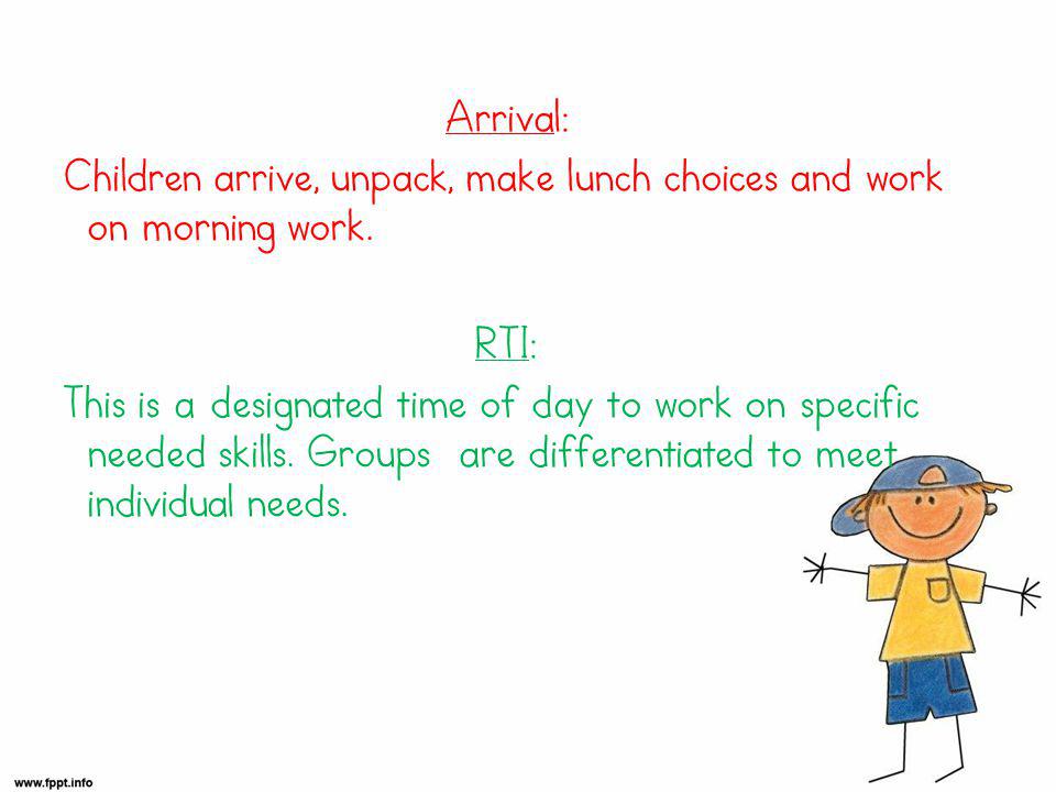 Arrival: Children arrive, unpack, make lunch choices and work on morning work.