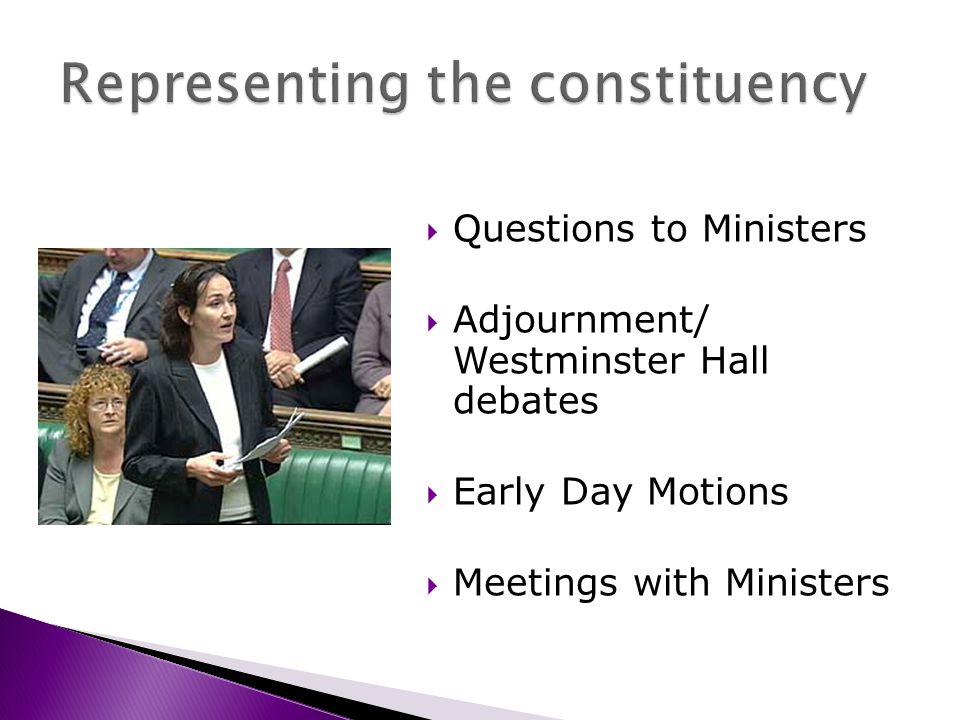 Questions to Ministers Adjournment/ Westminster Hall debates Early Day Motions Meetings with Ministers