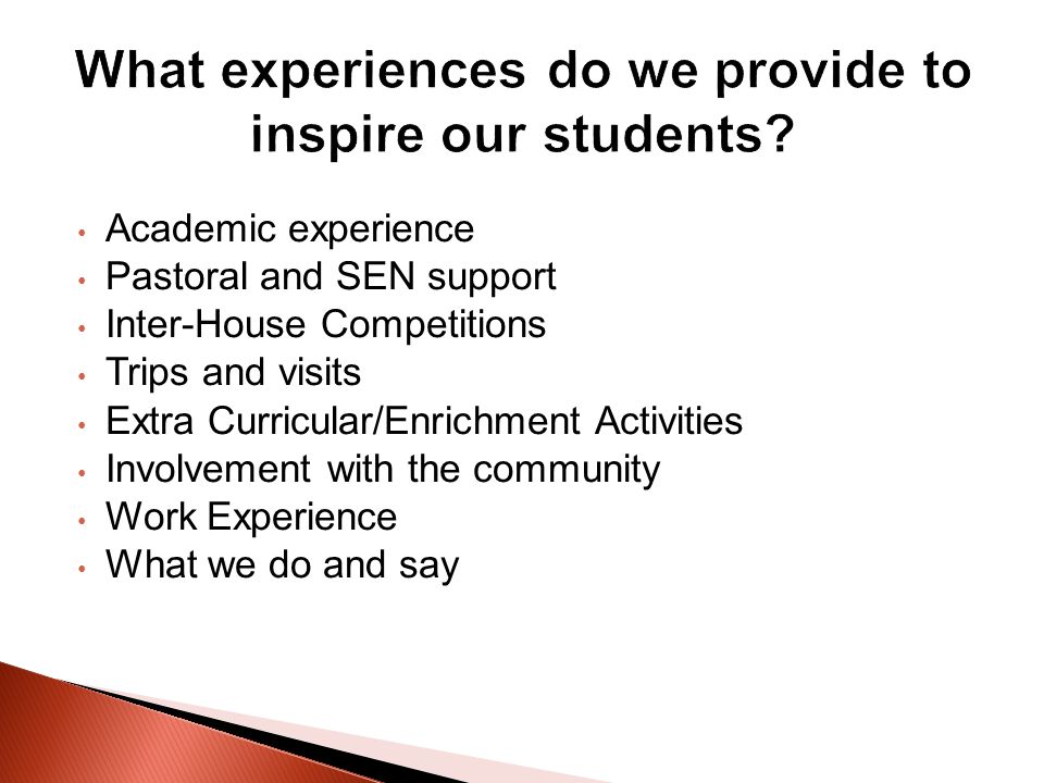 Academic experience Pastoral and SEN support Inter-House Competitions Trips and visits Extra Curricular/Enrichment Activities Involvement with the community Work Experience What we do and say