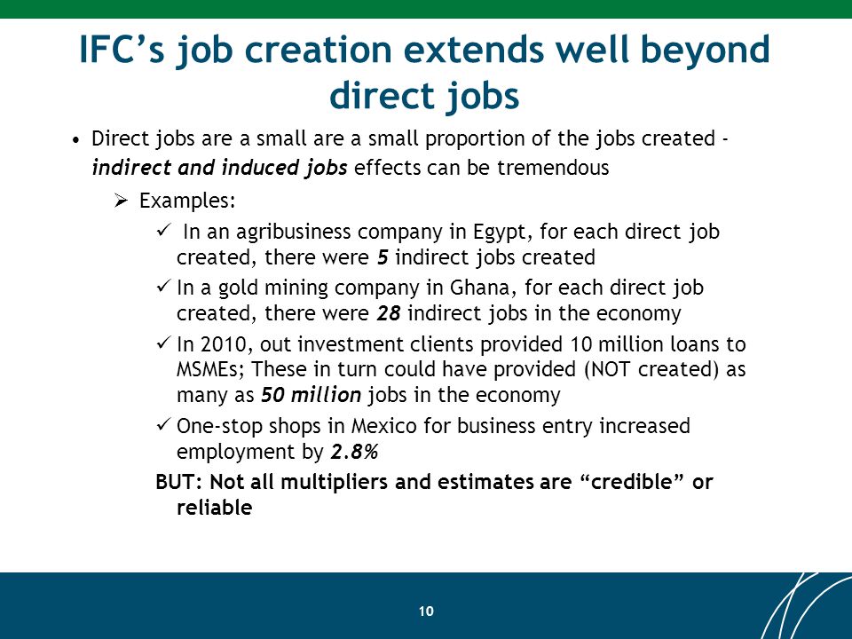 IFCs job creation extends well beyond direct jobs Direct jobs are a small are a small proportion of the jobs created - indirect and induced jobs effects can be tremendous Examples: In an agribusiness company in Egypt, for each direct job created, there were 5 indirect jobs created In a gold mining company in Ghana, for each direct job created, there were 28 indirect jobs in the economy In 2010, out investment clients provided 10 million loans to MSMEs; These in turn could have provided (NOT created) as many as 50 million jobs in the economy One-stop shops in Mexico for business entry increased employment by 2.8% BUT: Not all multipliers and estimates are credible or reliable 10