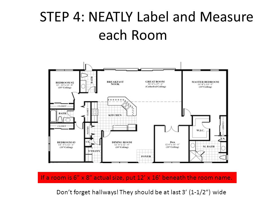 STEP 4: NEATLY Label and Measure each Room If a room is 6 x 8 actual size, put 12 x 16 beneath the room name.