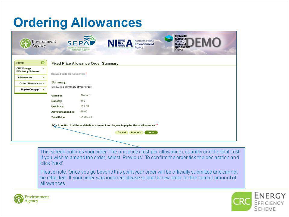 Ordering Allowances This screen outlines your order.