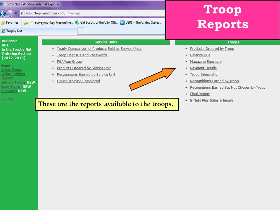 Troop Reports These are the reports available to the troops.