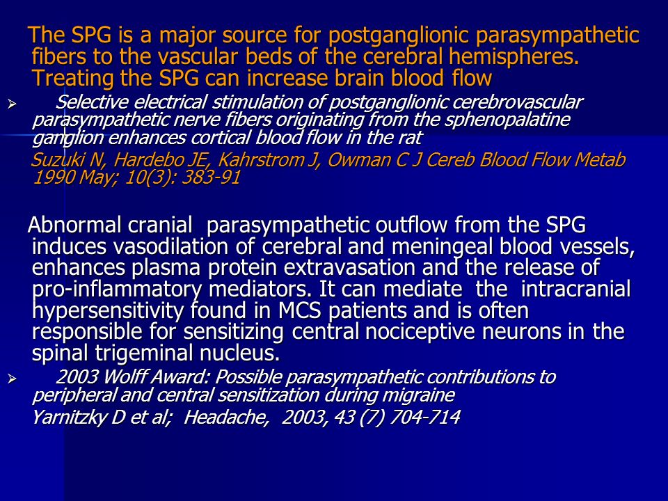 The SPG is a major source for postganglionic parasympathetic fibers to the vascular beds of the cerebral hemispheres.