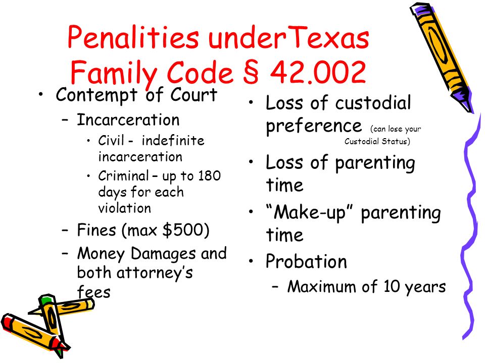 Penalities underTexas Family Code § Contempt of Court –Incarceration Civil - indefinite incarceration Criminal – up to 180 days for each violation –Fines (max $500) –Money Damages and both attorney’s fees Loss of custodial preference (can lose your Custodial Status) Loss of parenting time Make-up parenting time Probation –Maximum of 10 years