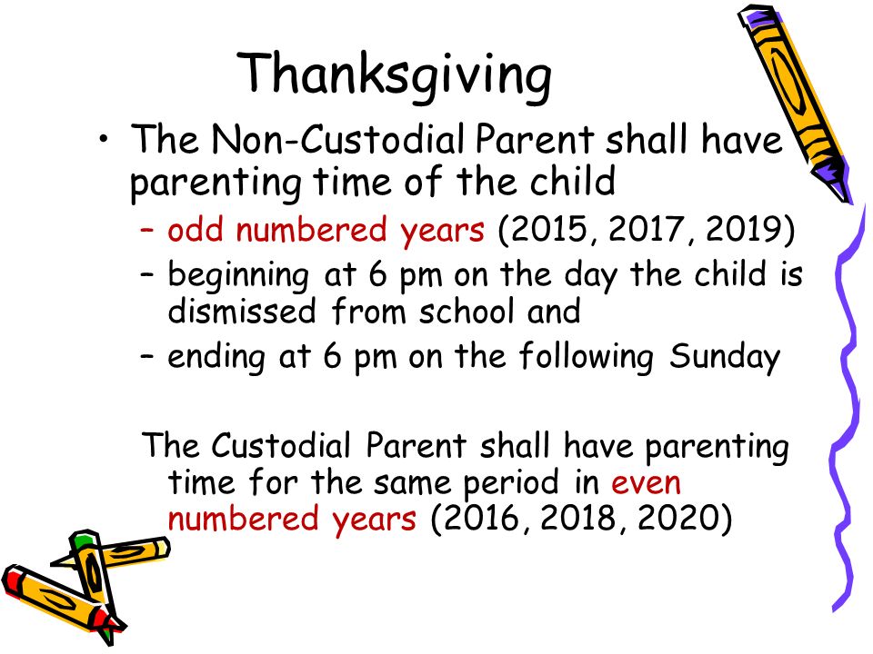 Thanksgiving The Non-Custodial Parent shall have parenting time of the child –odd numbered years (2015, 2017, 2019) –beginning at 6 pm on the day the child is dismissed from school and –ending at 6 pm on the following Sunday The Custodial Parent shall have parenting time for the same period in even numbered years (2016, 2018, 2020)