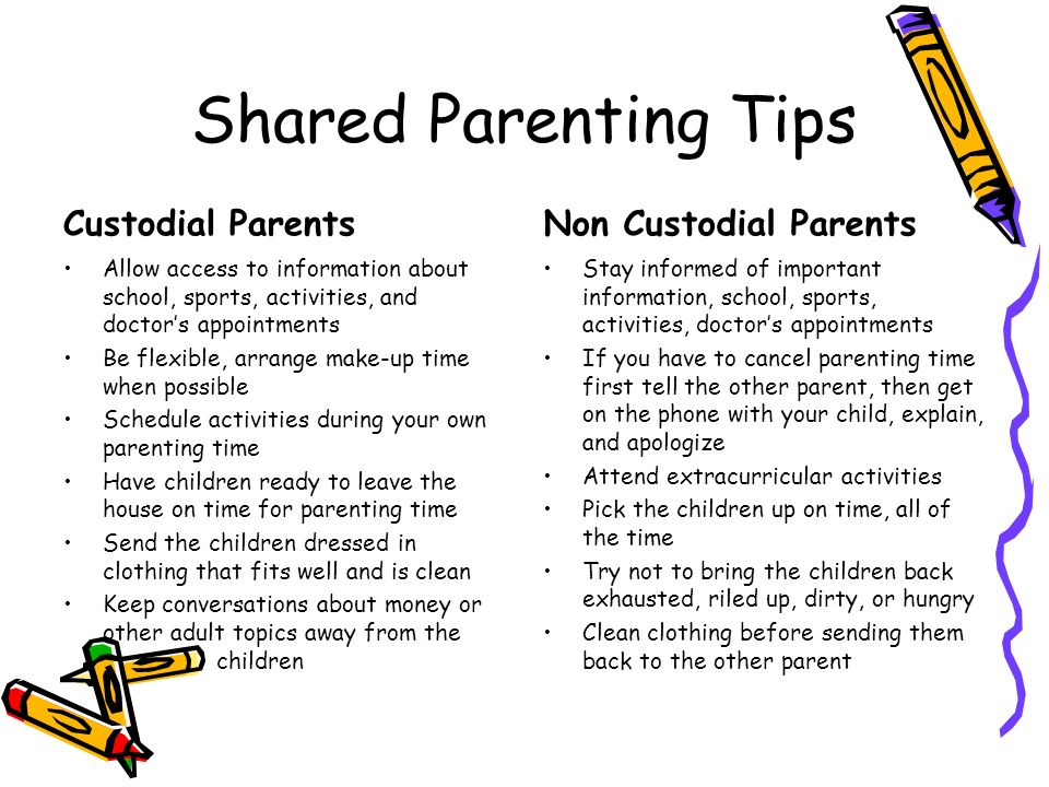 Shared Parenting Tips Custodial Parents Allow access to information about school, sports, activities, and doctor’s appointments Be flexible, arrange make-up time when possible Schedule activities during your own parenting time Have children ready to leave the house on time for parenting time Send the children dressed in clothing that fits well and is clean Keep conversations about money or other adult topics away from the children Non Custodial Parents Stay informed of important information, school, sports, activities, doctor’s appointments If you have to cancel parenting time first tell the other parent, then get on the phone with your child, explain, and apologize Attend extracurricular activities Pick the children up on time, all of the time Try not to bring the children back exhausted, riled up, dirty, or hungry Clean clothing before sending them back to the other parent