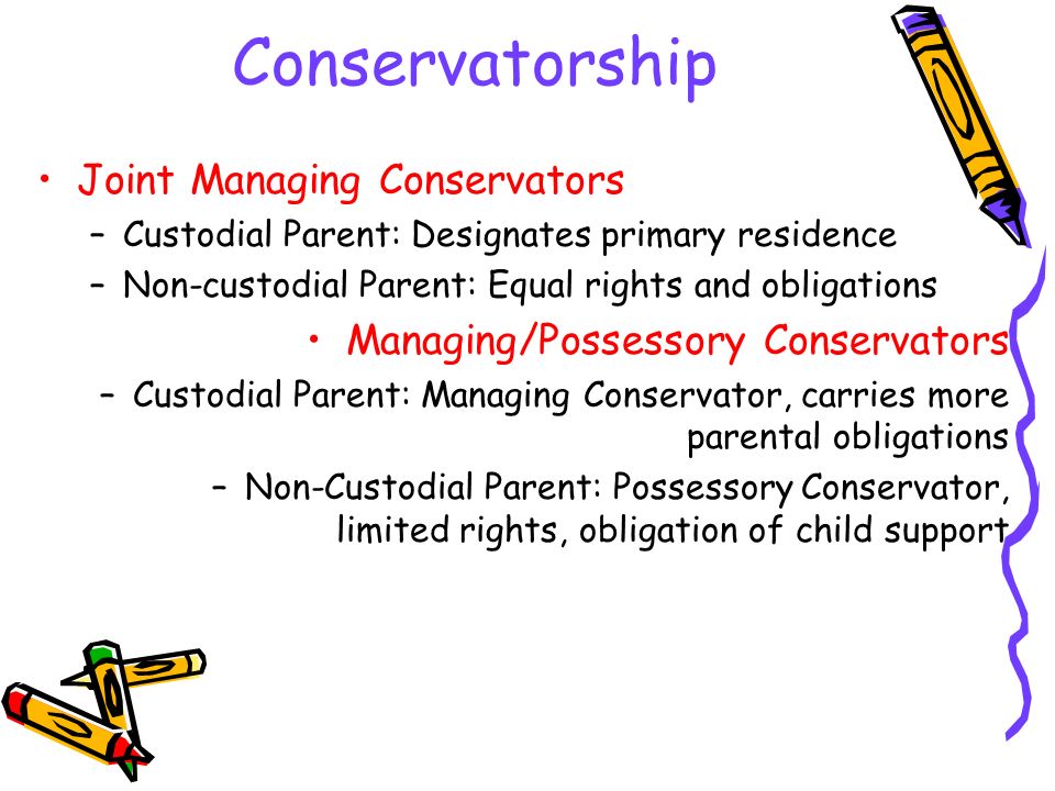 Conservatorship Joint Managing Conservators –Custodial Parent: Designates primary residence –Non-custodial Parent: Equal rights and obligations Managing/Possessory Conservators –Custodial Parent: Managing Conservator, carries more parental obligations –Non-Custodial Parent: Possessory Conservator, limited rights, obligation of child support