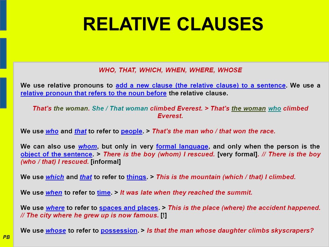 Relative pronouns who which whose Exercise
