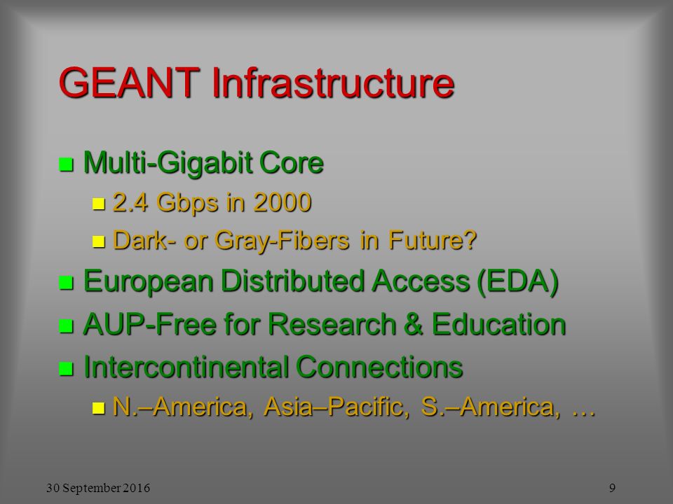 30 September GEANT Infrastructure n Multi-Gigabit Core n 2.4 Gbps in 2000 n Dark- or Gray-Fibers in Future.