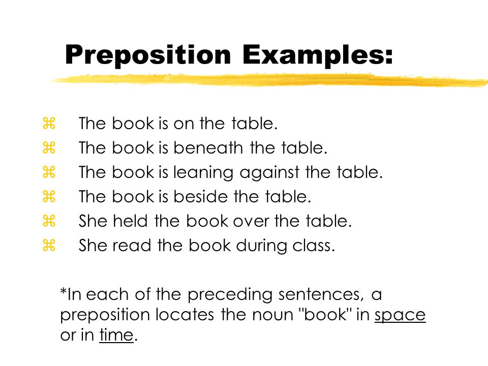 Preposition Examples: z The book is on the table. z The book is beneath the table.