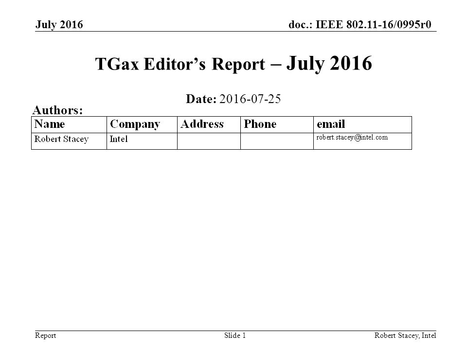 doc.: IEEE /0995r0 Report July 2016 Robert Stacey, IntelSlide 1 TGax Editor’s Report – July 2016 Date: Authors: