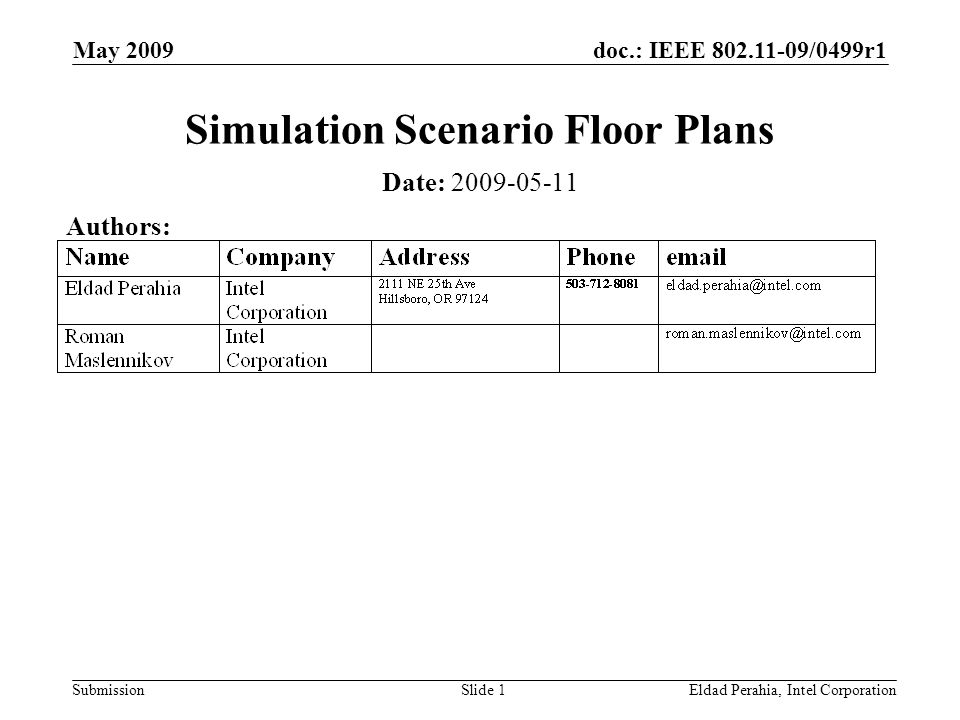 doc.: IEEE /0499r1 Submission May 2009 Eldad Perahia, Intel CorporationSlide 1 Simulation Scenario Floor Plans Date: Authors: